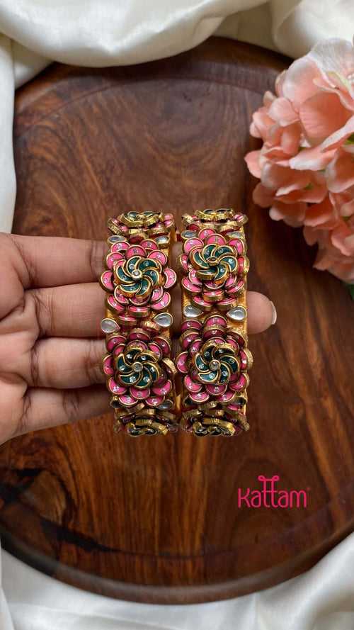 3D Kundan Rose Bangle Set - Pink