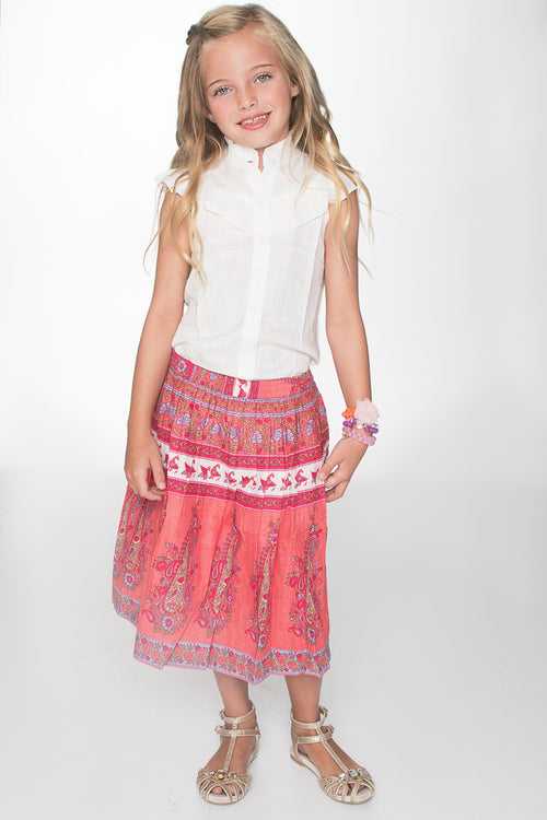 White Frill Blouse and Peach Printed Skirt 2pc. set