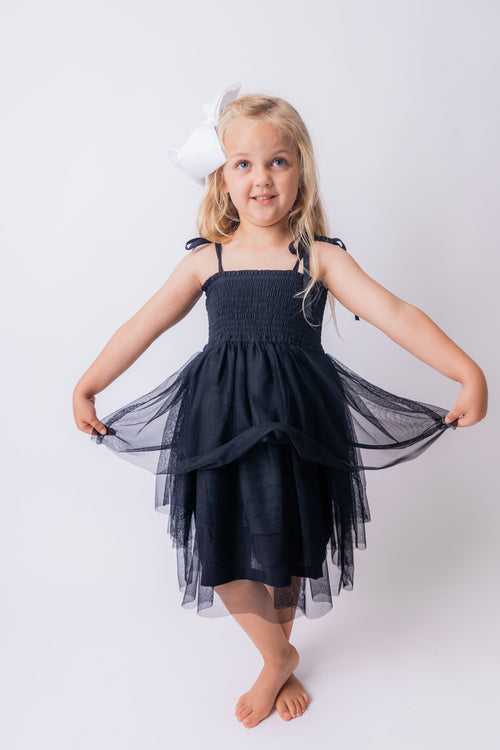 Black Tulle Solid Color Ruffle Dress