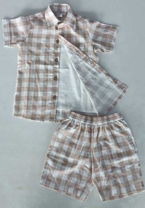 Blush Checkered Printed Boys Shirt + Shorts + Off-White Inner shirt 3pc set