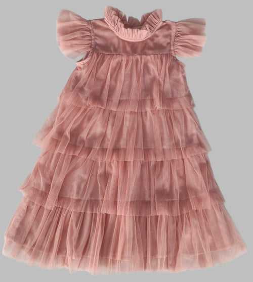 Dark Pink Tulle Ruffled Tiered Dress