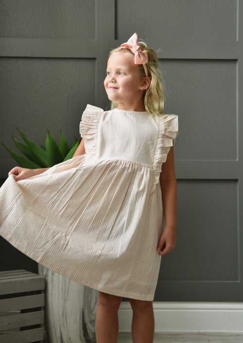 Ecru and Peach Pin Stripe Flutter Sleeves Dress and Bloomers