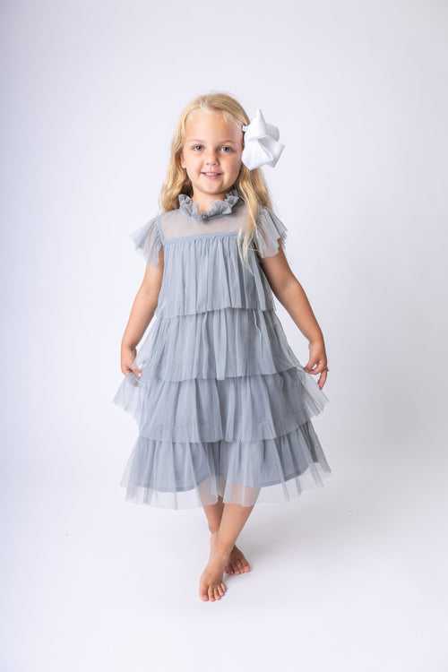 Grey Tulle Ruffled Tiered Dress