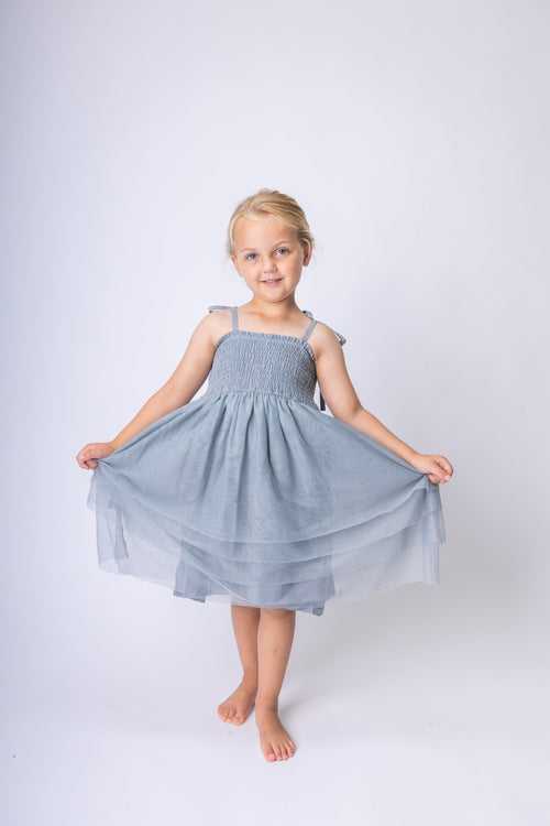 Grey Tulle Solid Color Ruffle Dress