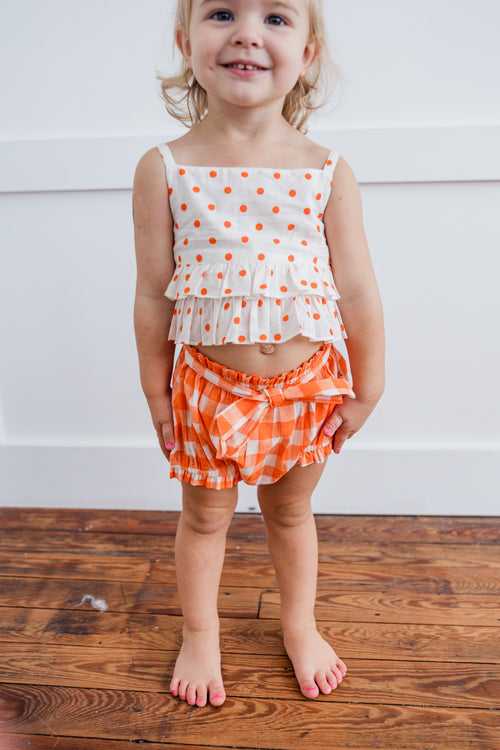 Orange Polka Dot Top & Orange Checkered Shorts Set