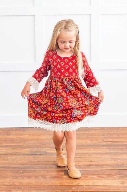 Red & Blue Printed Long Sleeve Lace Detail Dress