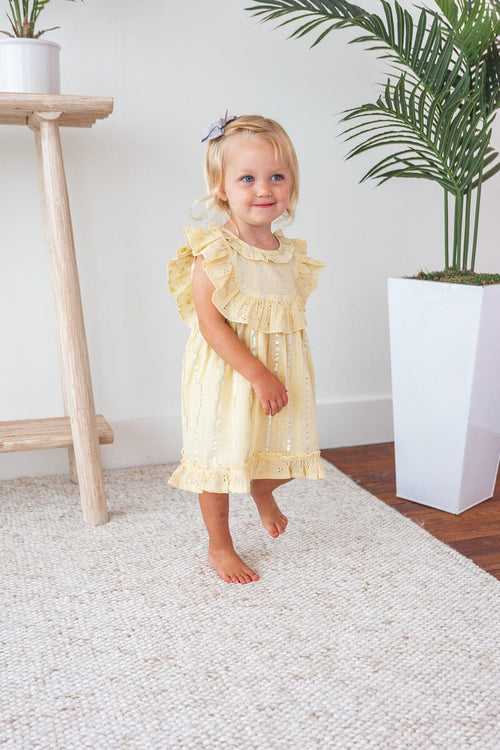 Yellow & Silver Lurex Neck Ruffle Dress and Bloomers