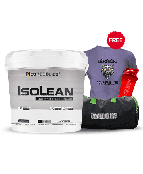 Corebolics Isolean -100% Whey Protein Isolate (4 kg, 126 Servings) + FREE GYM BAG,T-SHIRT and SHAKER