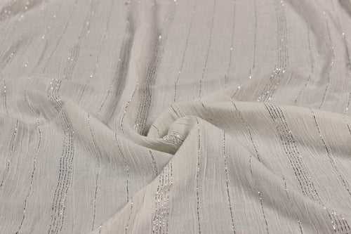 White & Silver Stripes Rayon Crepe Lurex Fabric