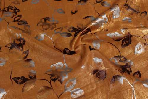 Peach Orange Floral Polyester Chanderi Fabric