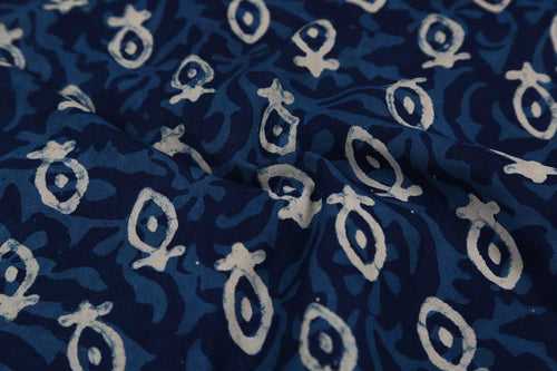 Blue & White Motifs Printed Rayon Fabric