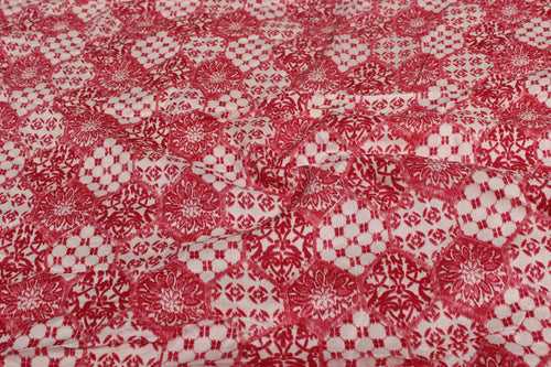 Red & White Traditional Printed Viscose Moss Fabric