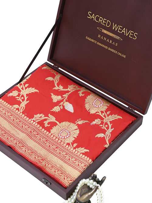 Red Jaal Katan Silk Handloom Banarasi Saree