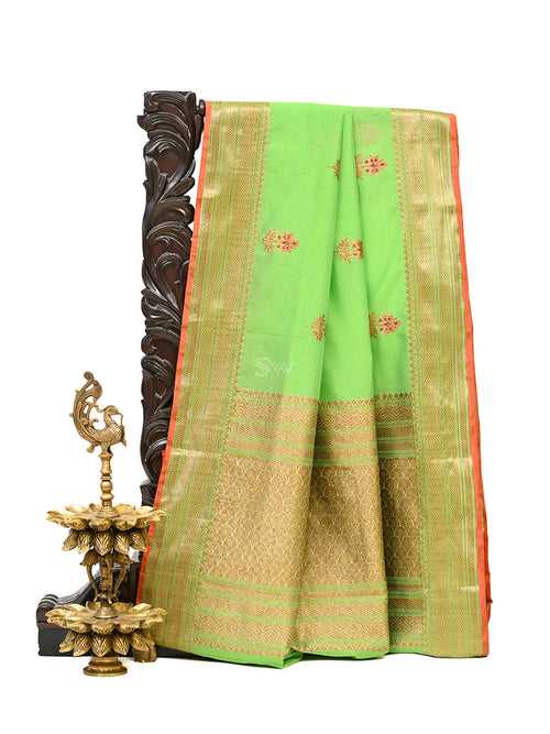 Parrot Green Meenakari Boota Chanderi Silk Handloom Banarasi Saree