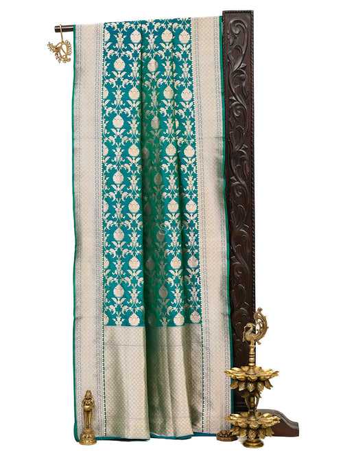 Teal Green Jaal Uppada Katan Silk Handloom Banarasi Saree