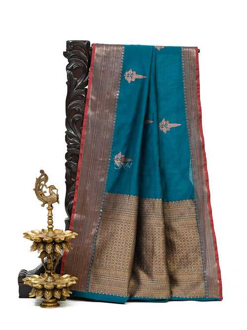 Teal Blue Meenakari Chanderi Silk Handloom Banarasi Saree