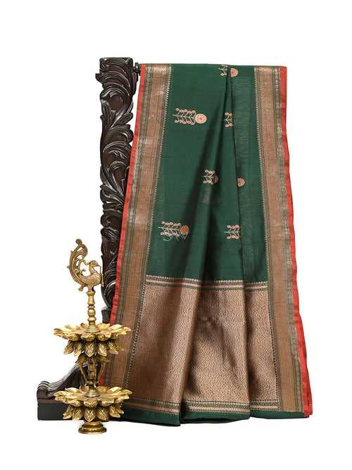 Bottle Green Meenakari Boota Chanderi Silk Handloom Banarasi Saree