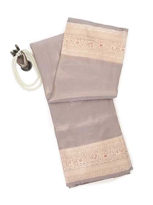 Grey Plain Tissue Katan Silk Handloom Banarasi Saree