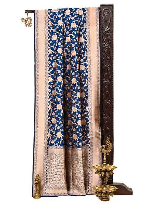 Midnight Blue Jaal Uppada Katan Silk Handloom Banarasi Saree