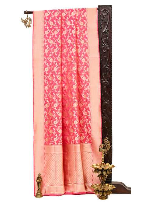 Coral Pink Jaal Uppada Katan Silk Handloom Banarasi Saree