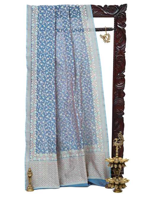 Pastel Blue Pink Meenakari Jaal Cotton Silk Handloom Banarasi Saree