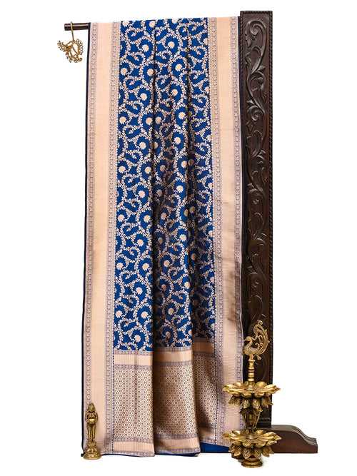 Midnight Blue Jaal Uppada Katan Silk Handloom Banarasi Saree