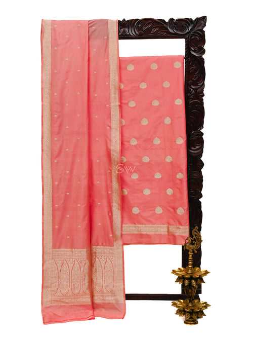 Light Peach Dark Pink Satin Silk Handloom Banarasi Suit