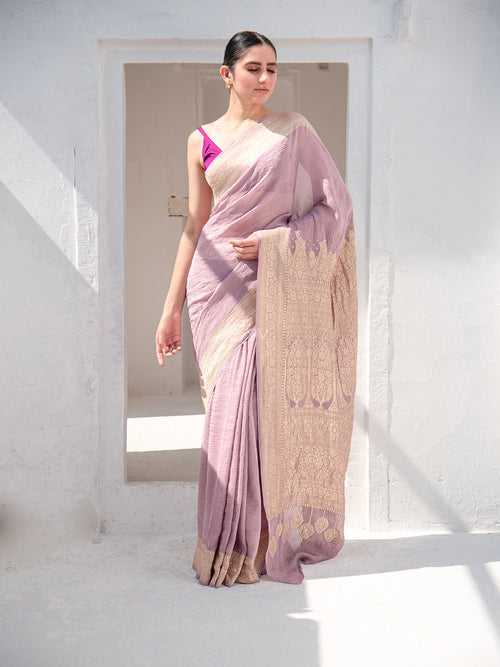 Pastel Mauve Pure Crush Tissue Silk Handloom Banarasi Saree