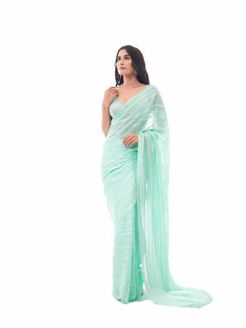 Sea Green Stripe Satin Georgette Handloom Saree