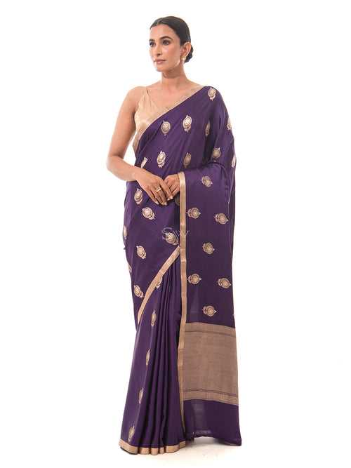 Dark Purple Mashru Satin Silk Handloom Banarasi Saree