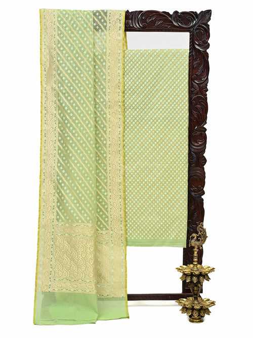 Pista Green Zari Booti Cotton Silk Handloom Banarasi Suit