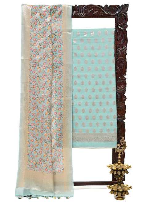 Pastel Teal Zari Booti Cotton Silk Handloom Banarasi Suit