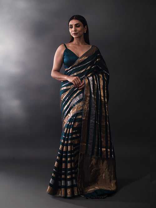 Inky Blue Stripe Katan Silk Handloom Banarasi Saree
