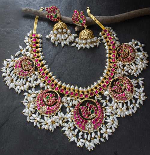 Kundan Jadau Non-Idol Rice pearls Guttapusalu Necklace Set