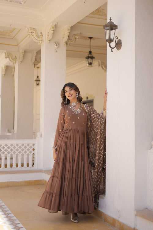 Enthralling Sequin Embroidered Coffee Color Gown with Designer Dupatta - Festive Wear
