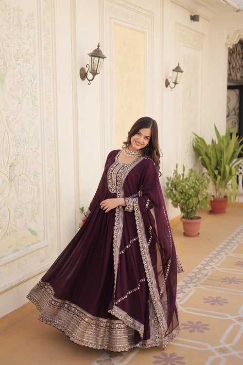 Faux Blooming Sequin Wine Gown with Embroidered Dupatta
