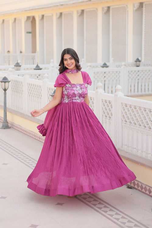 Designer Square Neck Pink Gown with Position Print, Fancy Balloon Sleeves & Matching Dupatta