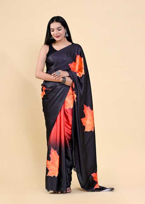 Black & Orange Floral Digital Printed Heavy Satin Silk Saree with Silk Blouse