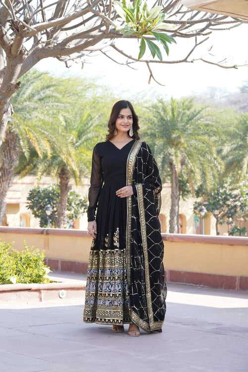 Elegant Black V-Neck Faux Blooming Gown with Sequined Embroidery and Dupatta