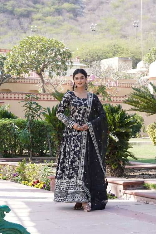 Luxe Black Viscose Jacquard Gown with Sequin Embroidery & Russian Silk Dupatta