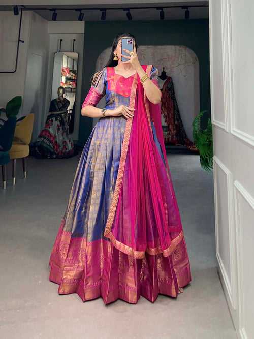 Regal Blue Zari Woven Kanjivaram Gown with Net Dupatta