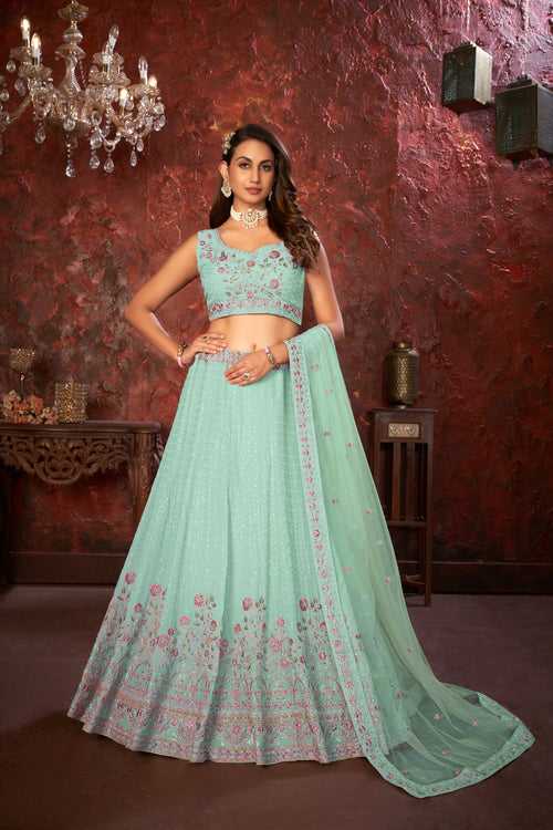 Exquisite Green Embroidered Fox Georgette Girlish Trendy Lehenga