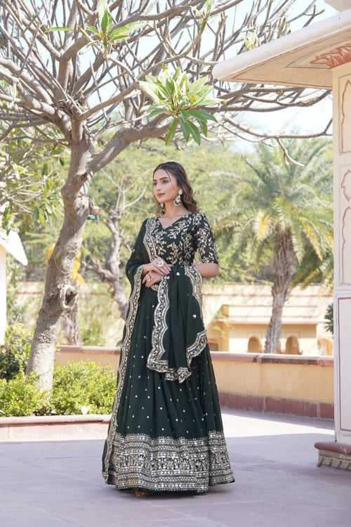 Shimmering Green Faux Georgette Lehenga Choli Set with Heavy Sequin Work