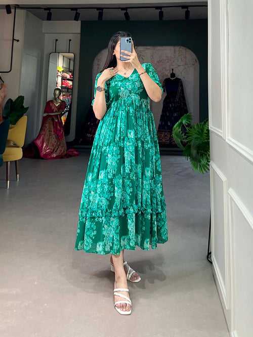 Green Floral Georgette Frock for Effortless Summer Style