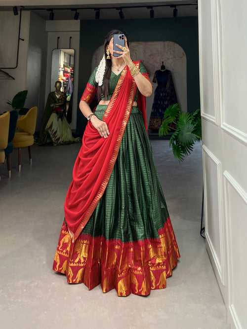 Green Kalyani Cotton Lehenga Choli Set with Flowy Georgette Dupatta for Timeless Elegance