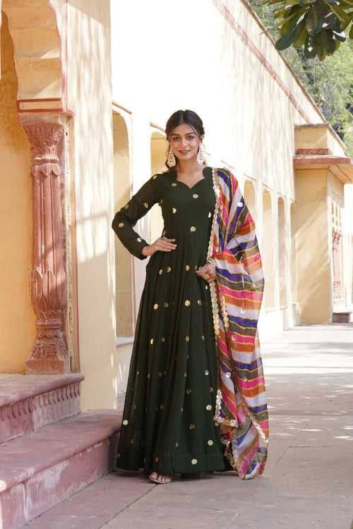 Green Premium Designer Readymade Gown with Embroidered Zari & Sequins