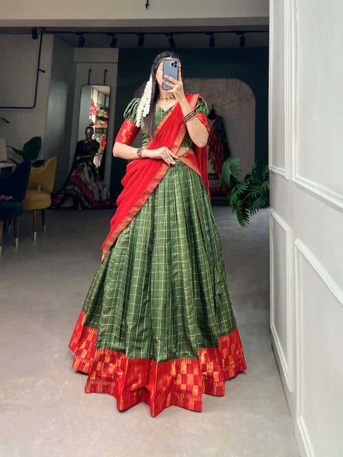 Captivating South Indian Green Zari Chex Lehenga Choli Set - Stitched Lehenga, Unstitched Blouse