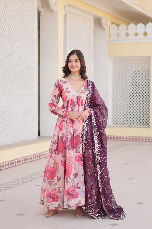 Luxurious Digital Print Alia Cut Pink Gown with Embroidered Dupatta Set