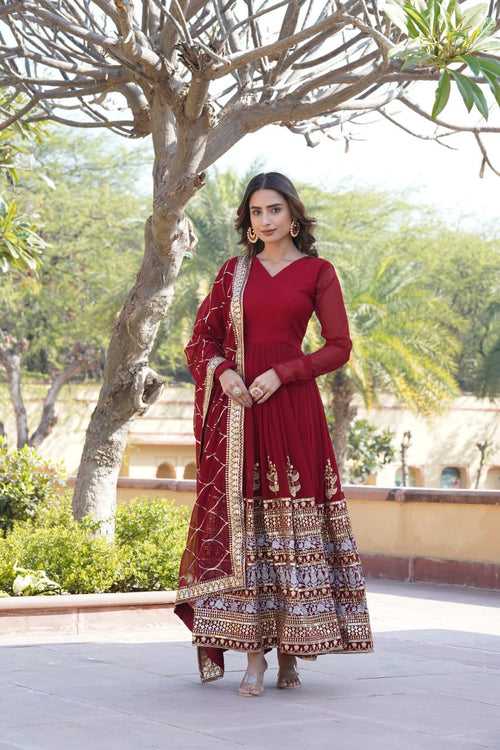 Elegant Maroon V-Neck Faux Blooming Gown with Sequined Embroidery and Dupatta