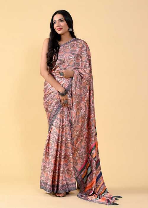 Multicolor Kalamkari Digital Printed Heavy Satin Silk Saree with Silk Blouse